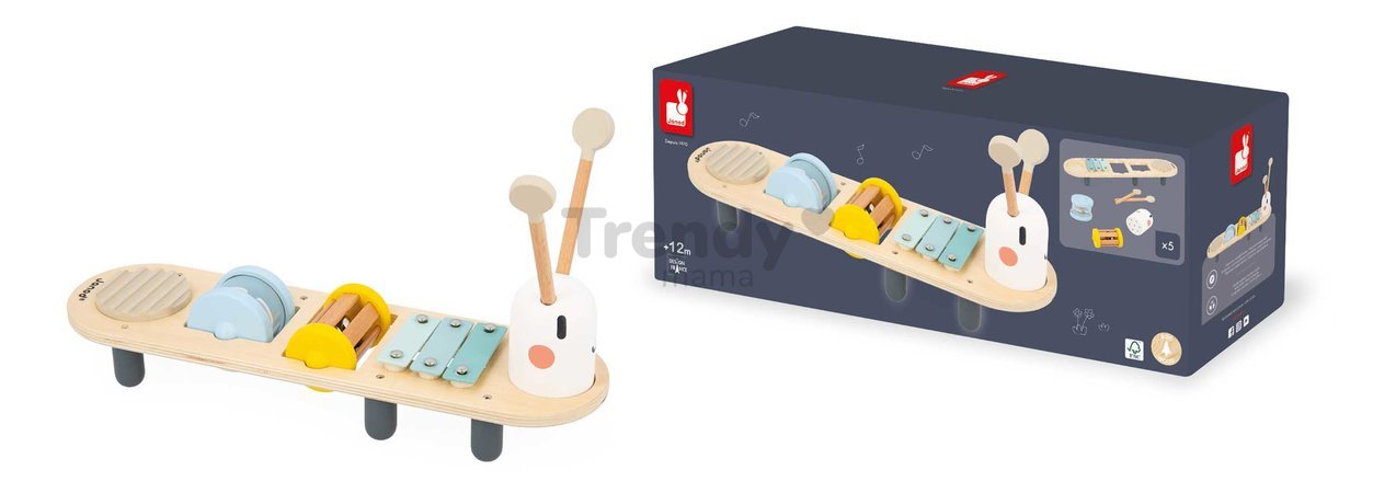 Drevený hudobný stolík Húsenica Caterpillar Musical Stand Sweet Cocoon Janod 5 hudobných nástrojov od 12 mes J04058