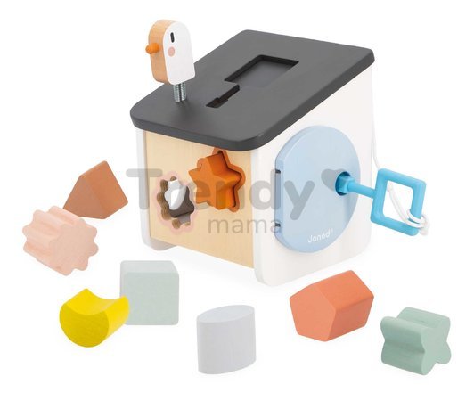 Drevená didaktická hračka Vtáčia búdka Bird House Shape Sorter Sweet Cocoon Janod na triedenie tvarov a farieb od 18 mes J04062