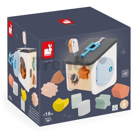 Drevená didaktická hračka Vtáčia búdka Bird House Shape Sorter Sweet Cocoon Janod na triedenie tvarov a farieb od 18 mes J04062