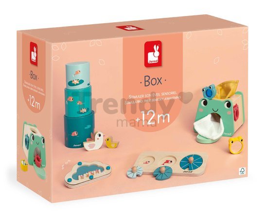 Edukačný box na stimuláciu zmyslového vnímania Janod 4 hračky od 12 mes J04063