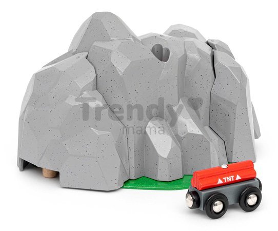 Drevený tunel s funkciou explózie Tunnel BRIO so skrytou koľajnicou a vagónom od 3 rokov BRIO0448