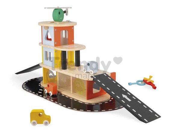 Drevená garáž Garage Bolid Janod 3 autíčka vrtuľník a kľúče od 24 mes J04636