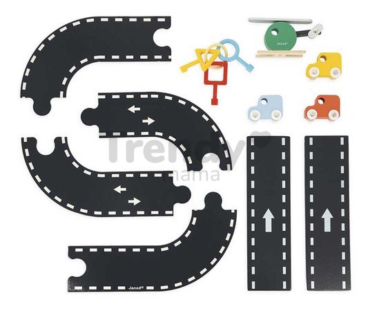 Drevená garáž Garage Bolid Janod 3 autíčka vrtuľník a kľúče od 24 mes J04636
