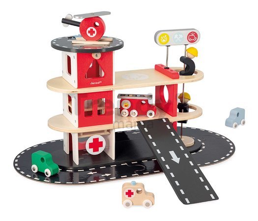 Drevená požiarna stanica Fire Station Bolid Janod 4 vozidlá a 2 figúrky od 24 mes J04639