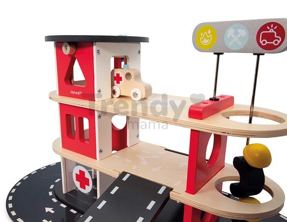 Drevená požiarna stanica Fire Station Bolid Janod 4 vozidlá a 2 figúrky od 24 mes J04639