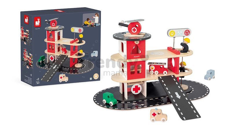 Drevená požiarna stanica Fire Station Bolid Janod 4 vozidlá a 2 figúrky od 24 mes J04639