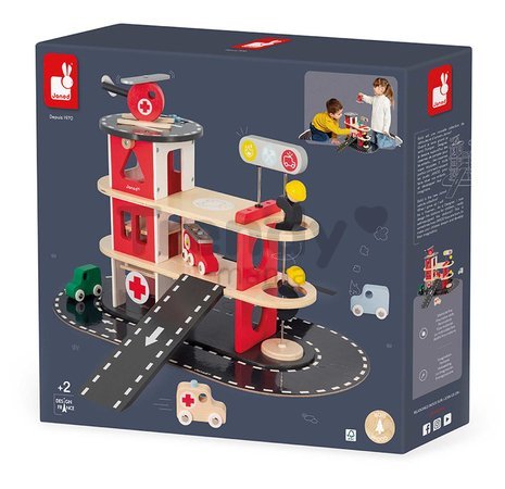 Drevená požiarna stanica Fire Station Bolid Janod 4 vozidlá a 2 figúrky od 24 mes J04639