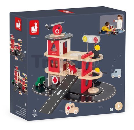 Drevená požiarna stanica Fire Station Bolid Janod 4 vozidlá a 2 figúrky od 24 mes J04639