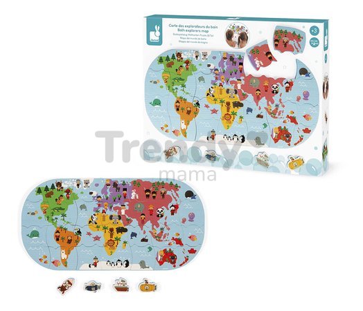 Puzzle do vody Mapa sveta Bath Explorers Puzzle Janod plastové 28 dielov