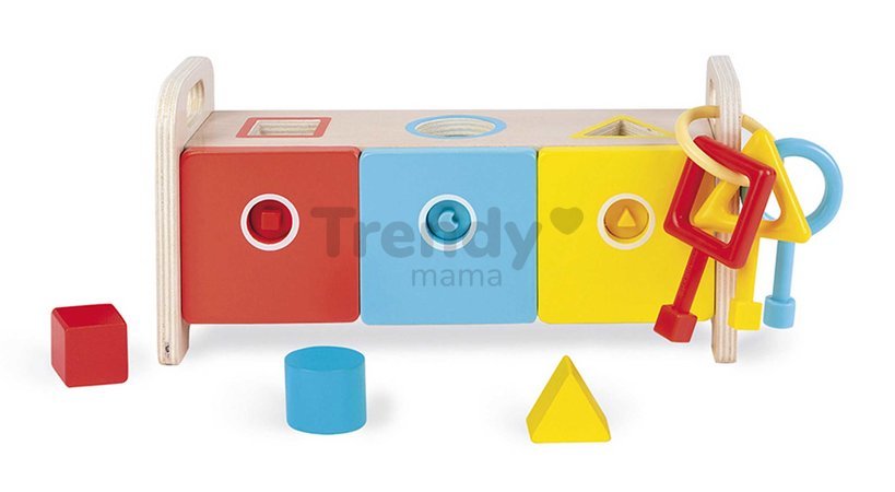 Drevená hračka na vkladanie a triedenie Montessori Shape Sorter Box Essentiel Janod s kľúčmi od 18 mes J05065