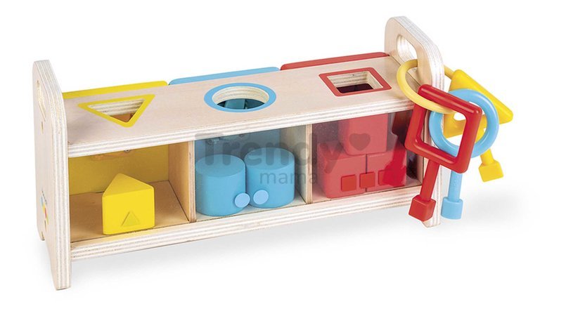 Drevená hračka na vkladanie a triedenie Montessori Shape Sorter Box Essentiel Janod s kľúčmi od 18 mes J05065