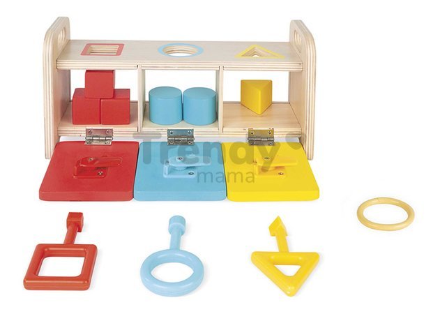 Drevená hračka na vkladanie a triedenie Montessori Shape Sorter Box Essentiel Janod s kľúčmi od 18 mes J05065