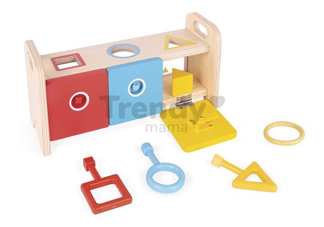 Drevená hračka na vkladanie a triedenie Montessori Shape Sorter Box Essentiel Janod s kľúčmi od 18 mes J05065