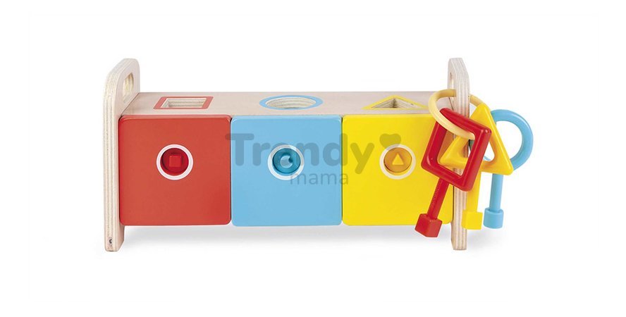 Drevená hračka na vkladanie a triedenie Montessori Shape Sorter Box Essentiel Janod s kľúčmi od 18 mes J05065