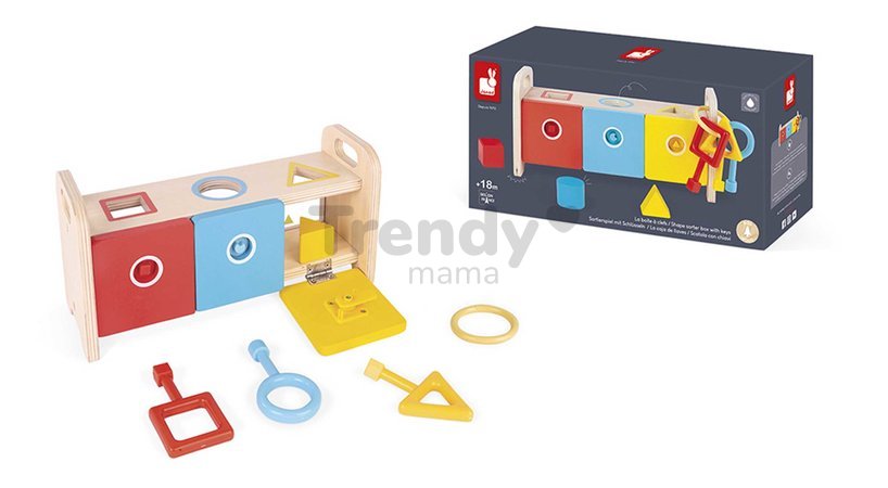 Drevená hračka na vkladanie a triedenie Montessori Shape Sorter Box Essentiel Janod s kľúčmi od 18 mes J05065