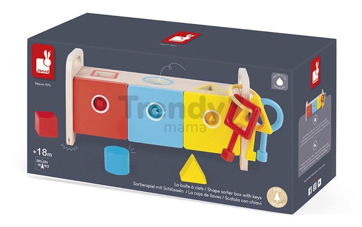 Drevená hračka na vkladanie a triedenie Montessori Shape Sorter Box Essentiel Janod s kľúčmi od 18 mes J05065