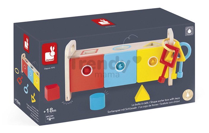 Drevená hračka na vkladanie a triedenie Montessori Shape Sorter Box Essentiel Janod s kľúčmi od 18 mes J05065