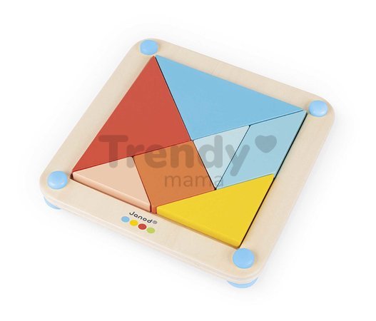 Drevené origami Montessori Tangram Essentiel Janod s predlohami 25 kariet od 24 mes J05070