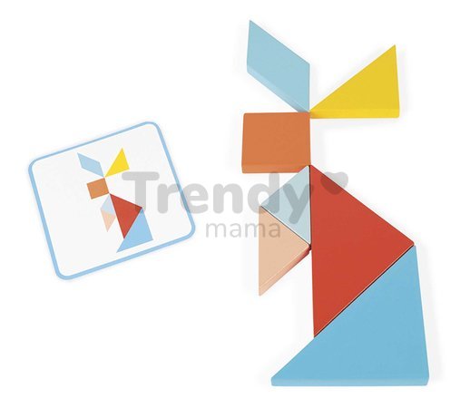 Drevené origami Montessori Tangram Essentiel Janod s predlohami 25 kariet od 24 mes J05070