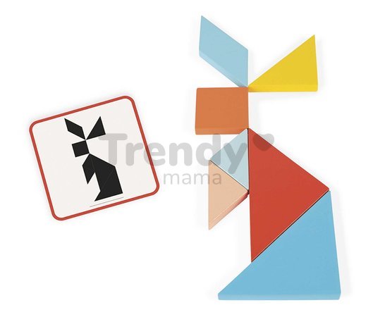 Drevené origami Montessori Tangram Essentiel Janod s predlohami 25 kariet od 24 mes J05070