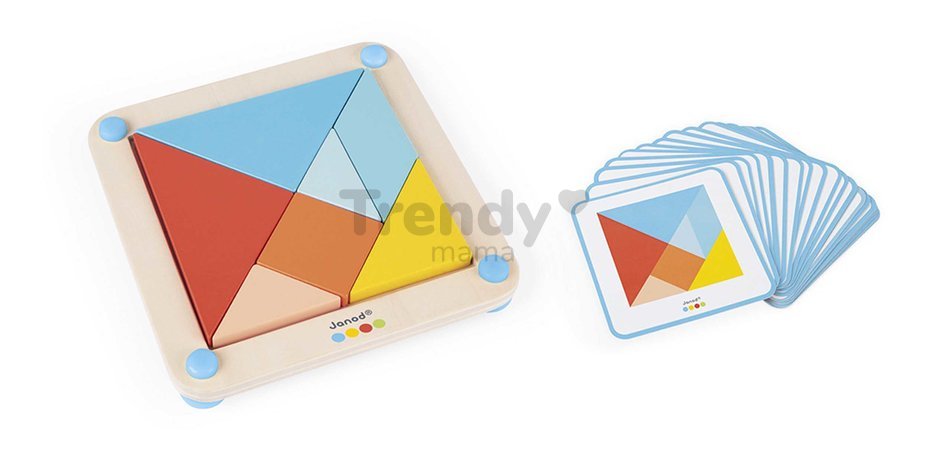 Drevené origami Montessori Tangram Essentiel Janod s predlohami 25 kariet od 24 mes J05070