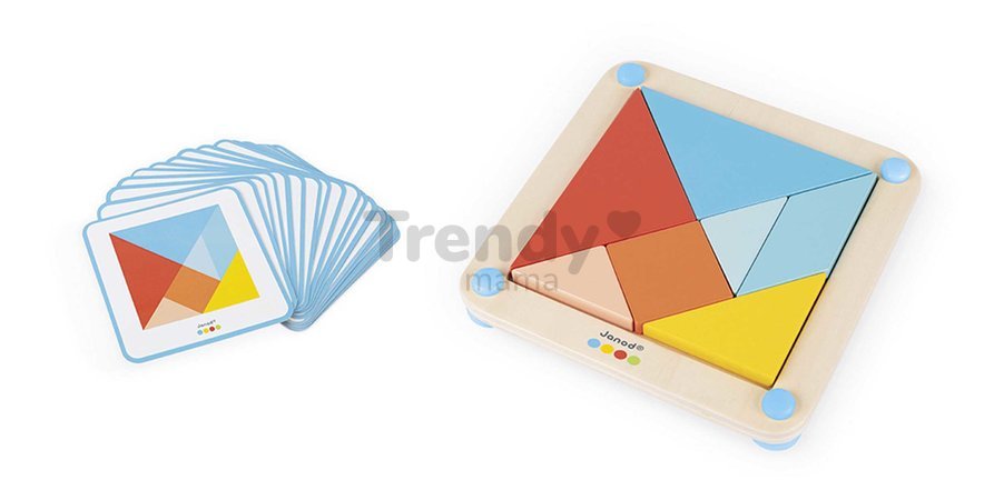 Drevené origami Montessori Tangram Essentiel Janod s predlohami 25 kariet od 24 mes J05070
