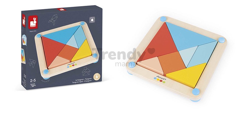 Drevené origami Montessori Tangram Essentiel Janod s predlohami 25 kariet od 24 mes J05070