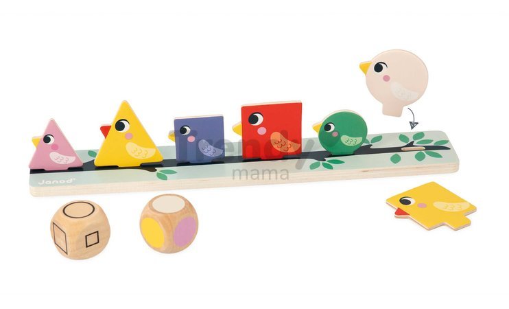 Vzdelávacia hra triedenie Vtáčiky Birds Sorting Shapes Sizes nad Colours Janod 72 drevených vtáčikov od 24 mes J05089