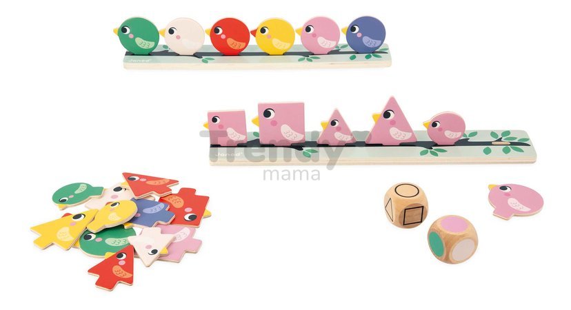 Vzdelávacia hra triedenie Vtáčiky Birds Sorting Shapes Sizes nad Colours Janod 72 drevených vtáčikov od 24 mes J05089