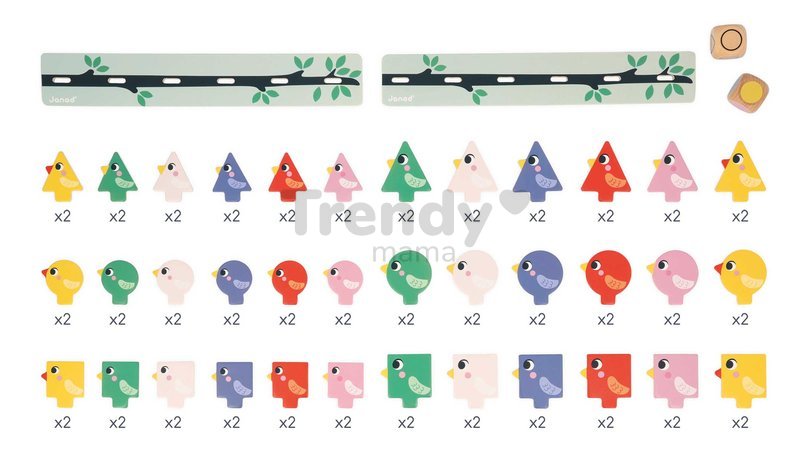 Vzdelávacia hra triedenie Vtáčiky Birds Sorting Shapes Sizes nad Colours Janod 72 drevených vtáčikov od 24 mes J05089