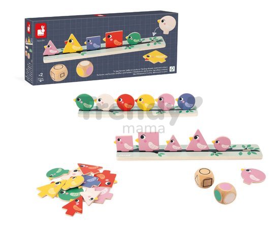 Vzdelávacia hra triedenie Vtáčiky Birds Sorting Shapes Sizes nad Colours Janod 72 drevených vtáčikov od 24 mes J05089