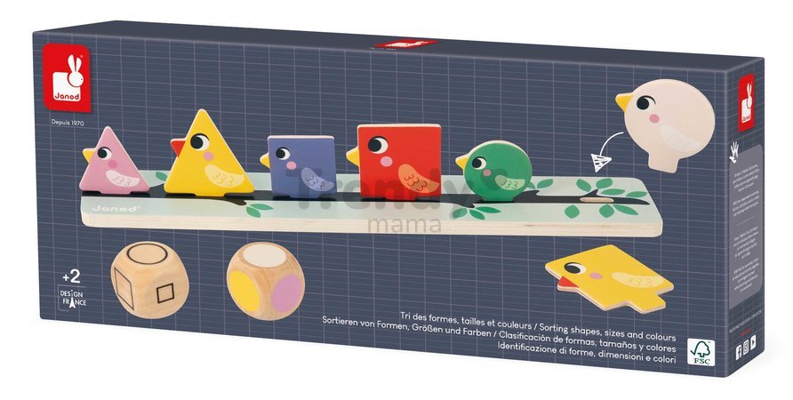 Vzdelávacia hra triedenie Vtáčiky Birds Sorting Shapes Sizes nad Colours Janod 72 drevených vtáčikov od 24 mes J05089