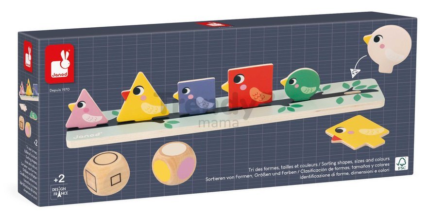 Vzdelávacia hra triedenie Vtáčiky Birds Sorting Shapes Sizes nad Colours Janod 72 drevených vtáčikov od 24 mes J05089