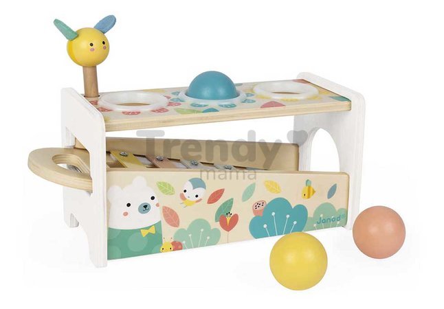 Drevená zatĺkačka Tap Tap Xylophone Pure Janod kladivko a 3 guličky od 12 mes J05155