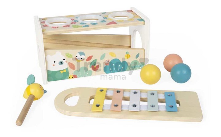 Drevená zatĺkačka Tap Tap Xylophone Pure Janod kladivko a 3 guličky od 12 mes J05155
