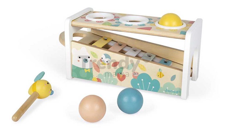 Drevená zatĺkačka Tap Tap Xylophone Pure Janod kladivko a 3 guličky od 12 mes J05155