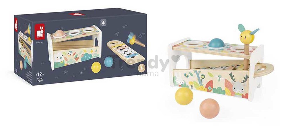 Drevená zatĺkačka Tap Tap Xylophone Pure Janod kladivko a 3 guličky od 12 mes J05155