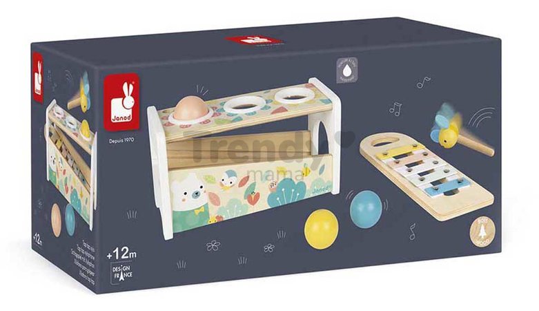 Drevená zatĺkačka Tap Tap Xylophone Pure Janod kladivko a 3 guličky od 12 mes J05155