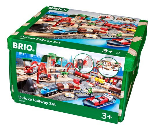 Drevená vláčikodráha Deluxe Railway Set BRIO 87 dielov s kontajnerovou loďou a vláčik so svetlom
