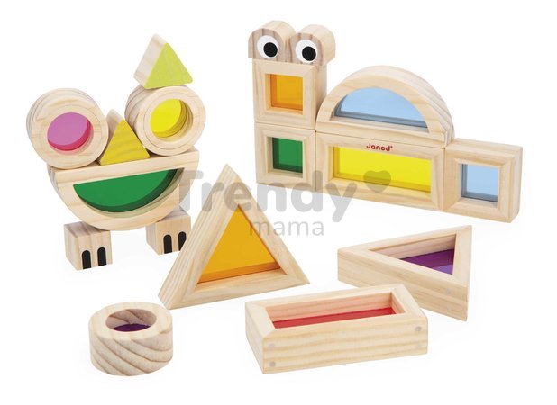 Drevené kocky Translucent Blocks Sensory Janod priesvitné s predlohami 12 dielov od 12 mes J05306