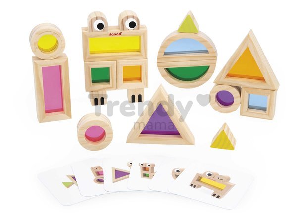 Drevené kocky Translucent Blocks Sensory Janod priesvitné s predlohami 12 dielov od 12 mes J05306