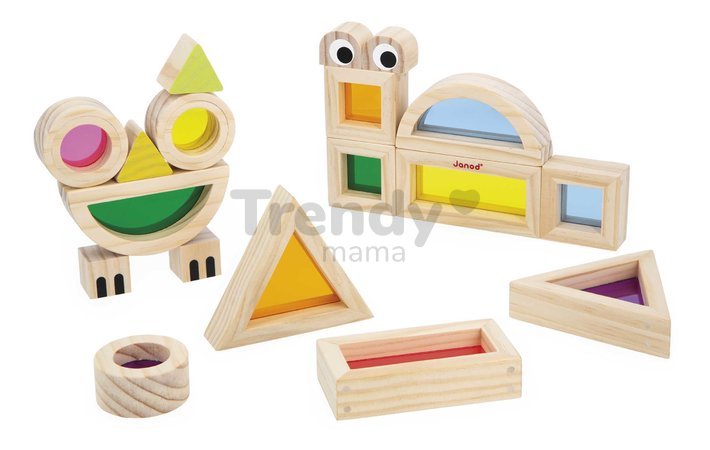 Drevené kocky Translucent Blocks Sensory Janod priesvitné s predlohami 12 dielov od 12 mes J05306