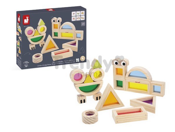 Drevené kocky Translucent Blocks Sensory Janod priesvitné s predlohami 12 dielov od 12 mes J05306