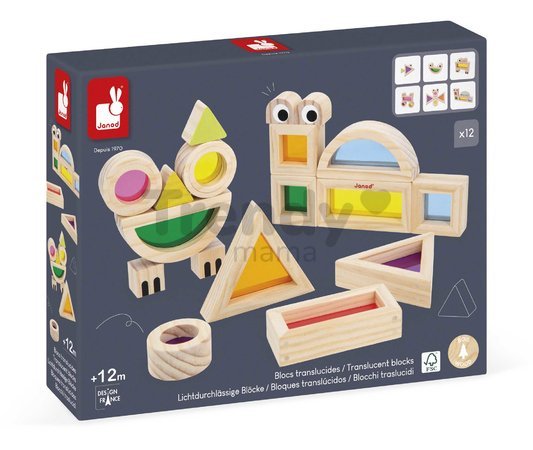 Drevené kocky Translucent Blocks Sensory Janod priesvitné s predlohami 12 dielov od 12 mes J05306