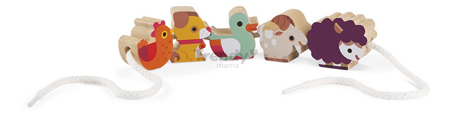 Drevená reťaz prevliekačka Farma Stringable Farm Theme Beads Janod 11 drevených dielikov a 2 šnúrky od 24 mes J05315