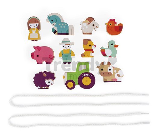 Drevená reťaz prevliekačka Farma Stringable Farm Theme Beads Janod 11 drevených dielikov a 2 šnúrky od 24 mes J05315