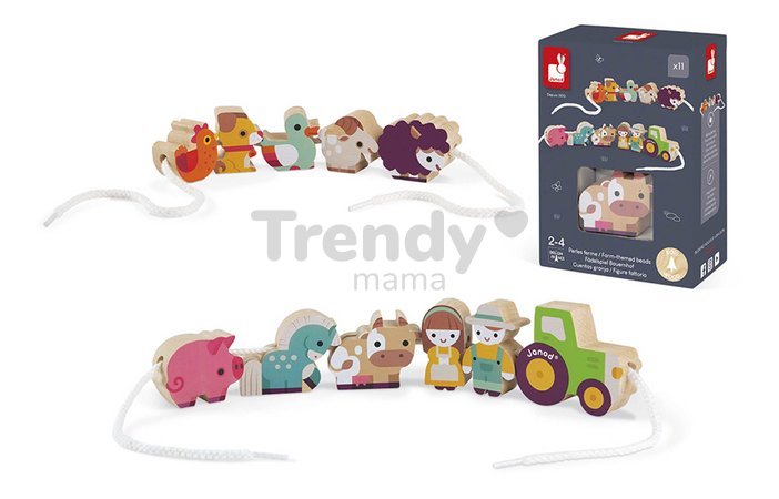 Drevená reťaz prevliekačka Farma Stringable Farm Theme Beads Janod 11 drevených dielikov a 2 šnúrky od 24 mes J05315