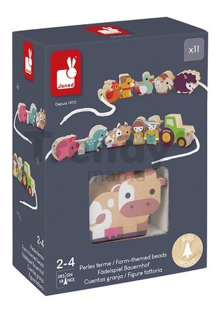 Drevená reťaz prevliekačka Farma Stringable Farm Theme Beads Janod 11 drevených dielikov a 2 šnúrky od 24 mes J05315