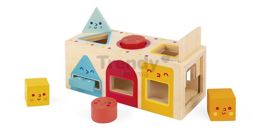 Drevená vkladačka Montessori Tvary Geometric Shapes Box Janod 6 farebných tvarov od 18 mes J05330