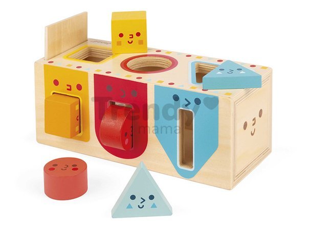 Drevená vkladačka Montessori Tvary Geometric Shapes Box Janod 6 farebných tvarov od 18 mes J05330